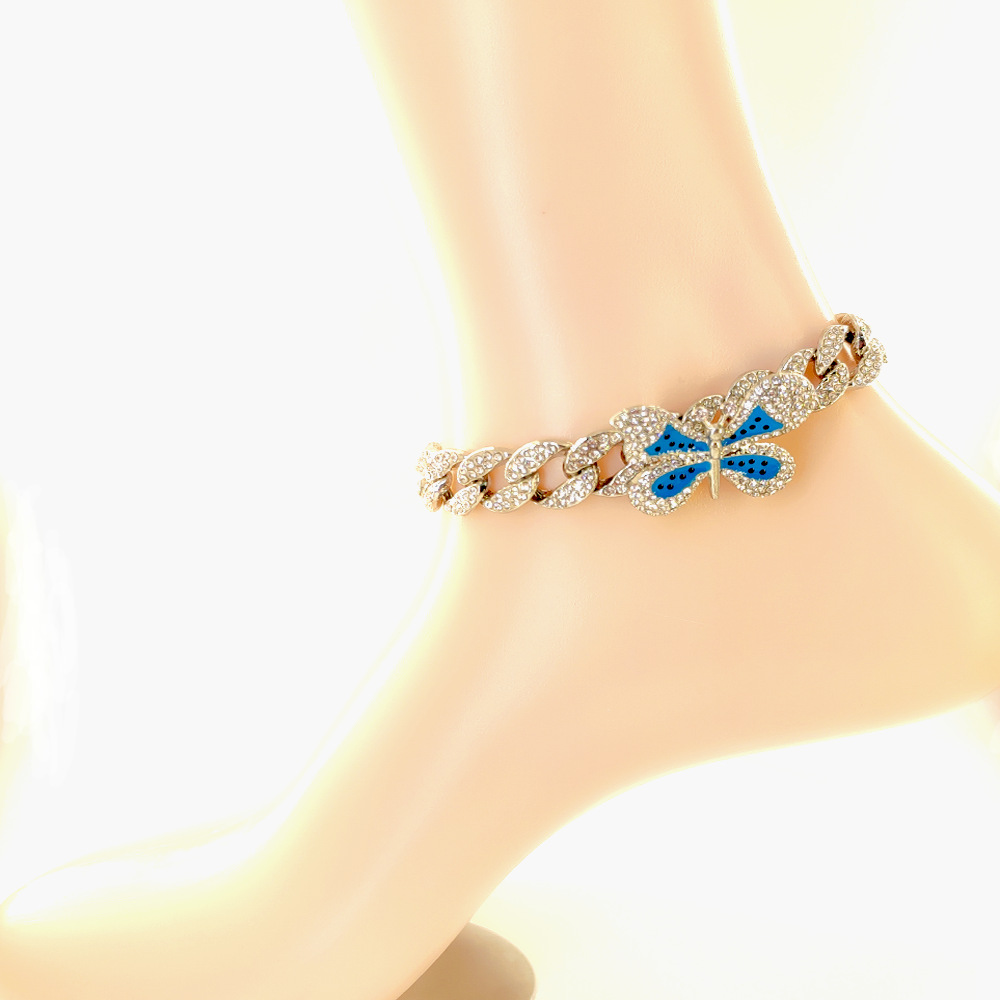 Butterfly Ankle Chain With Rhinestone Bow And Cuban Link Style_voghion.com