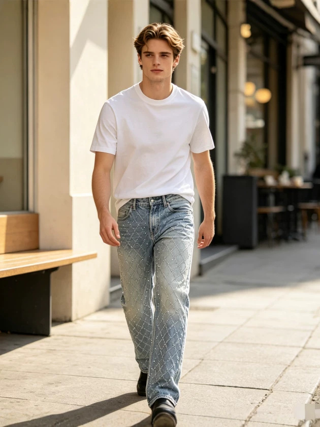 Jeans Rectos con Diamantes para Hombre de Mezclilla de Algodón, Sin Elasticidad, para Uso Diario