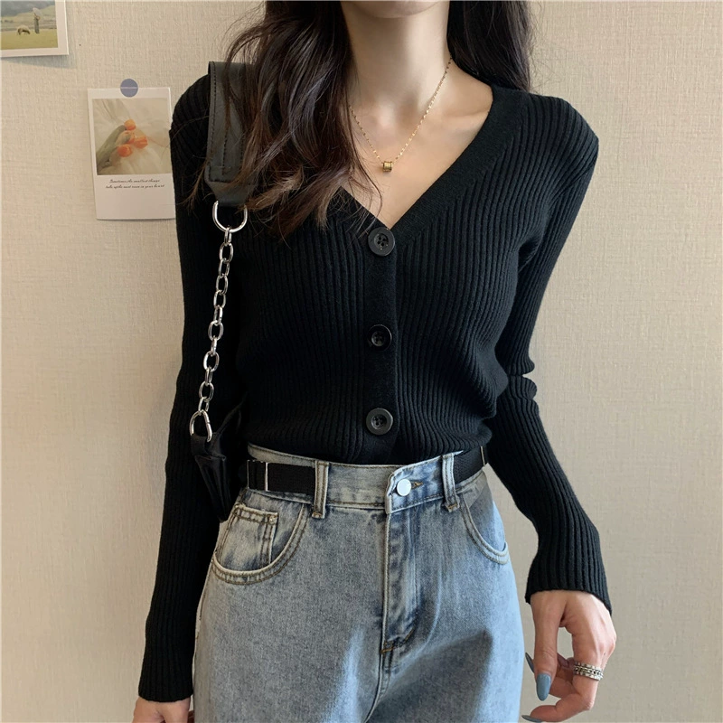 Короткий свитер кардиган вязаная куртка осенний длинный рукав обтижка slim fit 2021 год оптовая