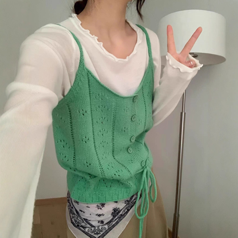 秋冬新款毛衣女纯欲甜美绑带收腰镂空针织吊带背心显瘦百搭马甲女|undefined