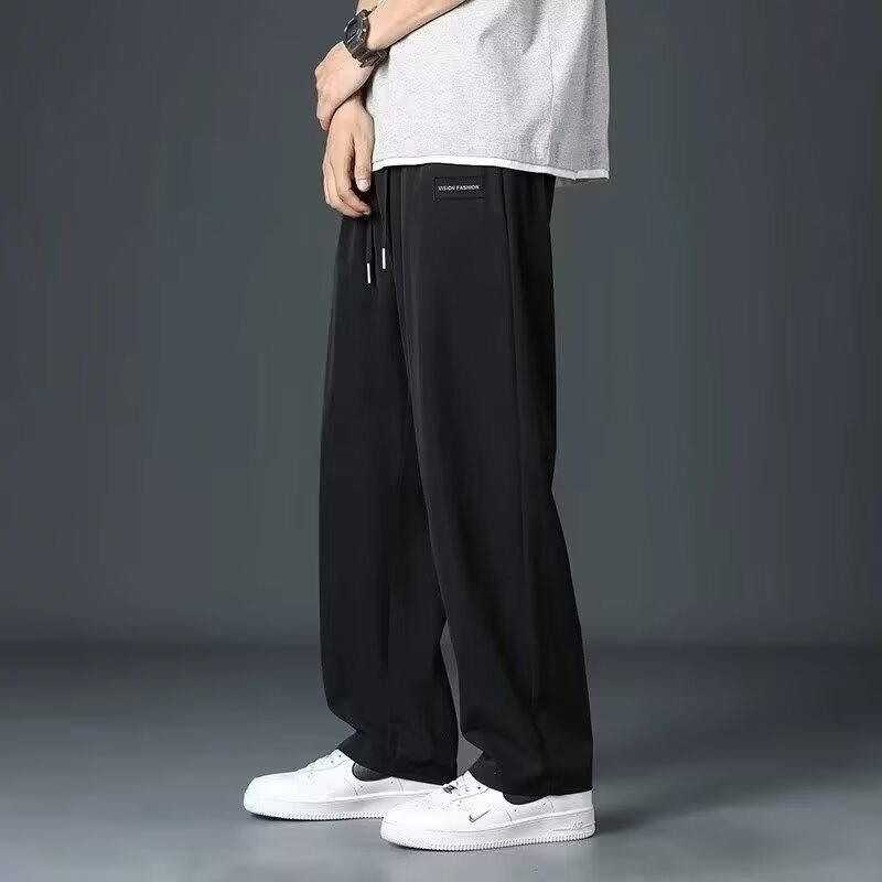 Summer Ice Silk Pants for Men, Quick-Drying Black Loose Straight Wide-Leg Casual Dress Pants with Drawstring, New Thin and Wear-Resistant