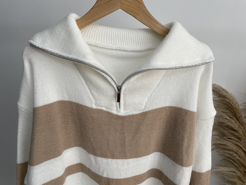 Long Zipper Pullover Women Loose Soft Knitted Long Sleeved Dress Color Contrast Patchwork Top Women