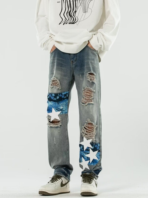 High street ripped patch amiri coconut jeans men's fashionable Net red same style versatile slim fit five-pointed star jeans