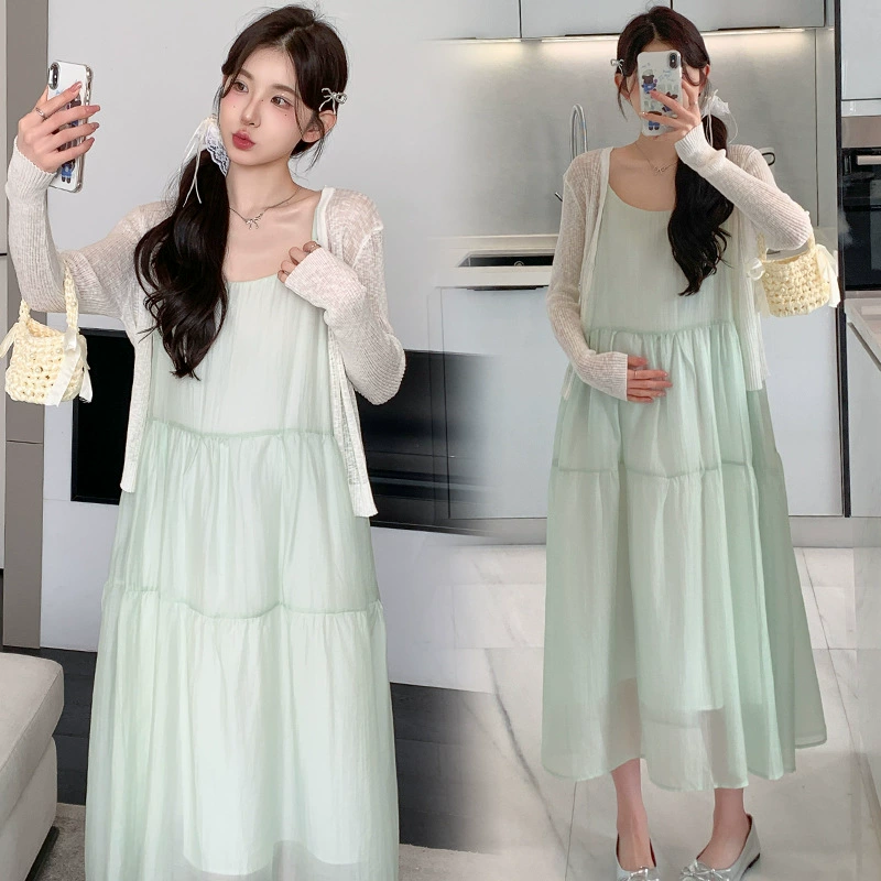 2025 новая одежда для беременных в корейском стиле: простой вязаный кардиган + жилет и длинная юбка, комплект из двух предметов