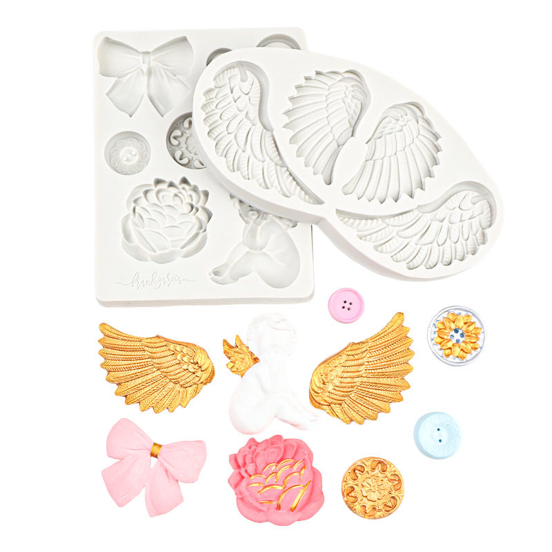 Alas de ángel, fondant, pastel de chocolate, decoración, pegamento hecho a mano, botón de lazo, molde de silicona de angelito