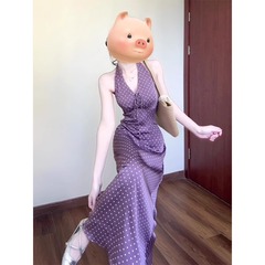 香港風レトロ波点掛け首ワンピース女性夏フランス式リゾート風気質vネック