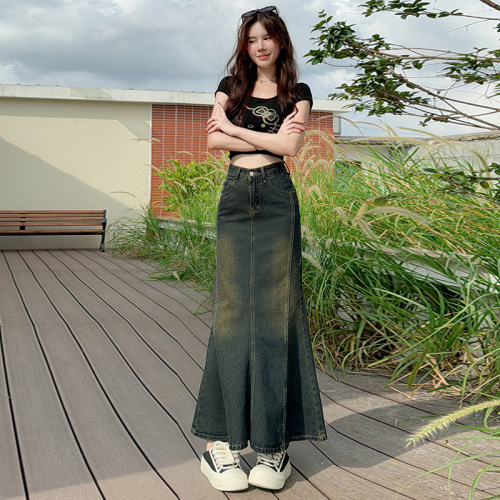 Vintage Cowboy Half-Body Skirt for Women, Autumn, Small Figure, High-Waisted, Slimming, Medium-Length A-Line Skirt, Fish Tail, Hourglass Skirt, Trendy