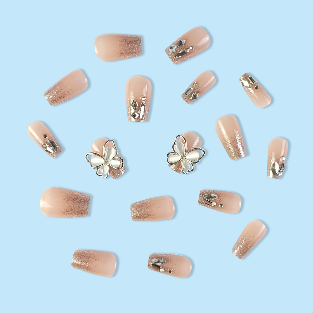 Uñas postizas de mariposa de moda en TikTok, estilo corto con pedrería y brillantina, pegatinas de uñas de lujo ligero para arte de uñas.