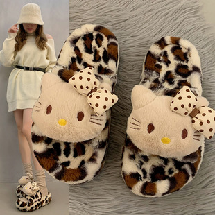 Cute Leopard Print Kt Cat Fur Slippers for Women, Autumn and Winter 2025, Thick-Soled, Fleece-Lined, Warm, Slip-On Leopard Print Cotton Slippers