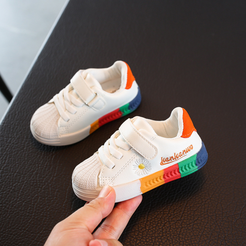 Spring and Autumn Girl Baby Soft Sole White Shoes, Unisex Children Breathable Sports Sneakers, Children's Daisies Leather Surface Casual Shoes