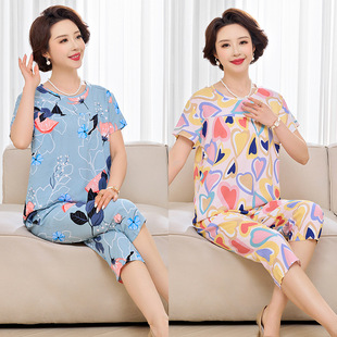 Women's New Summer Style Short-Sleeved Printed Pajamas for Middle-Aged and Elderly People, Loose Spring & Fall Thin Lyocell Cotton Silk Home Clothes