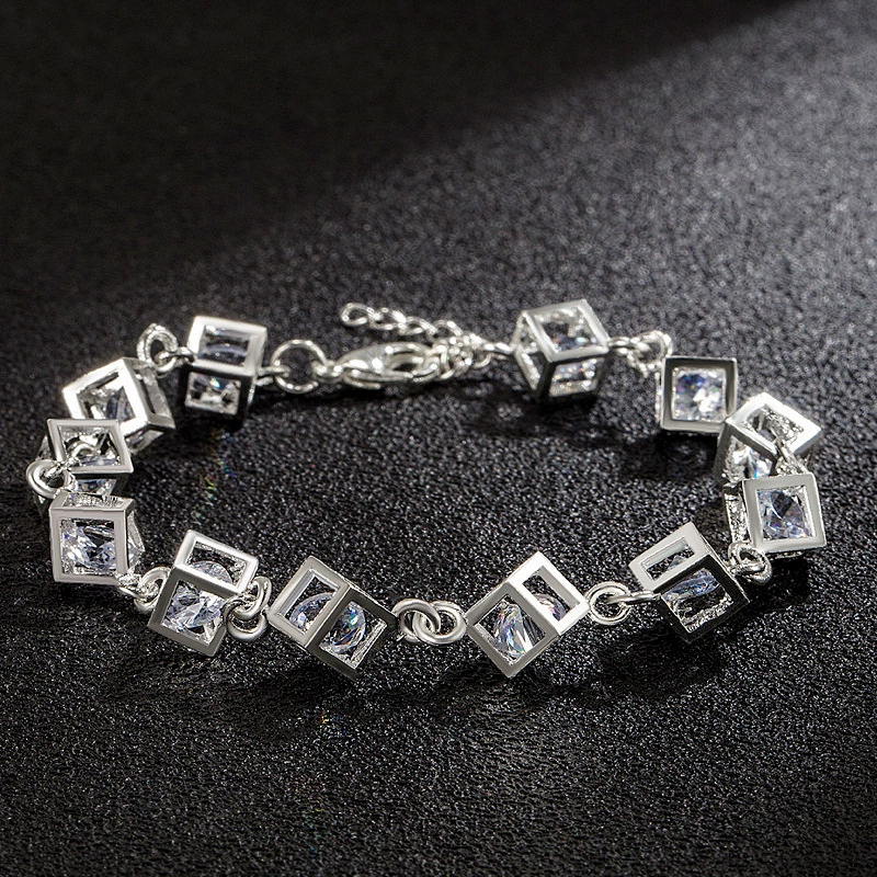 Bracelet cube charms, silver-plated with colored crystals — 12-piece set, adjustable chain