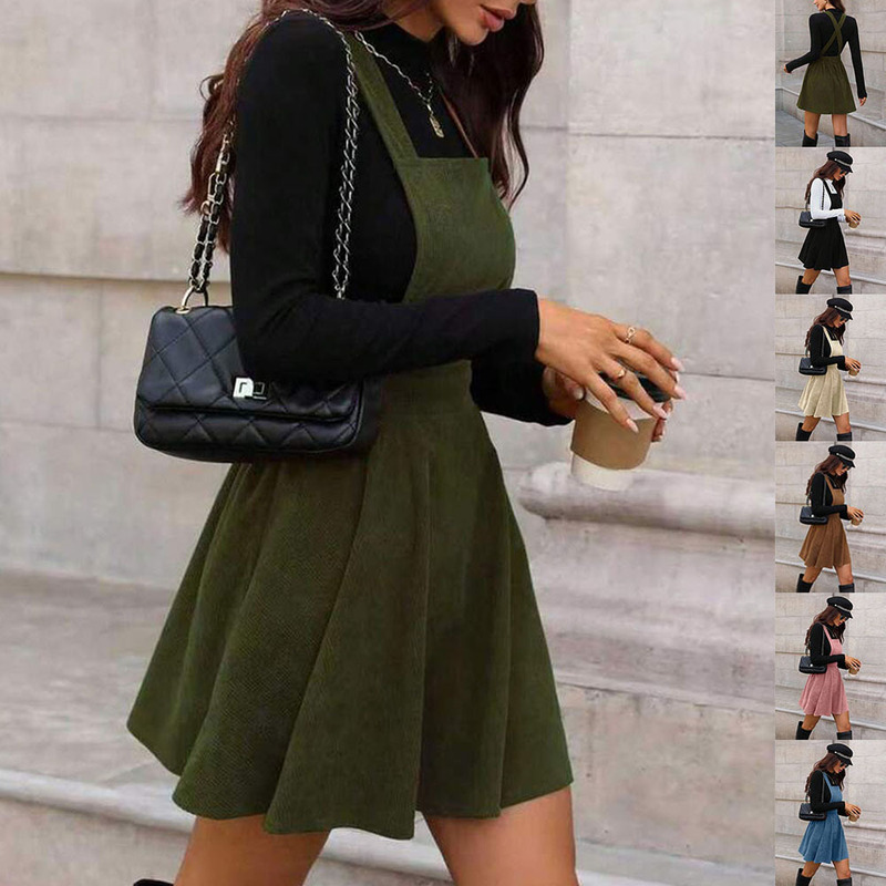 In-Stock European and American Cross-Border Hot-Selling 2026 Autumn and Winter New Vintage Style Corduroy Suspender Dress Direct from the Factory