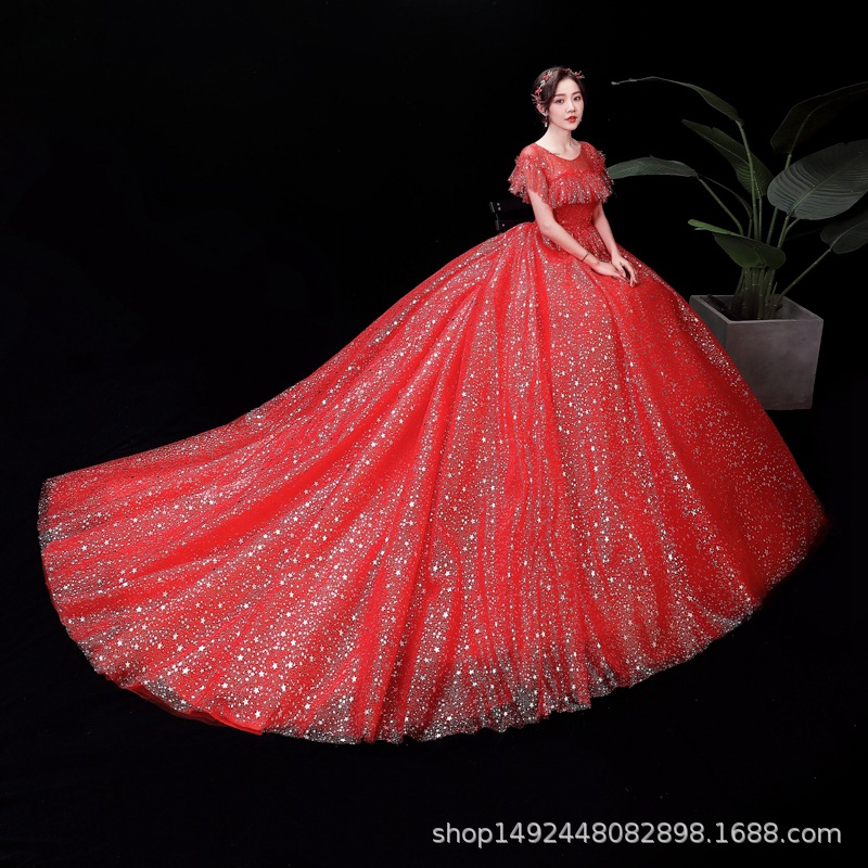 红色婚纱2025新款新娘拖尾孕妇高腰蓬蓬裙遮粗手臂小个子齐地复古