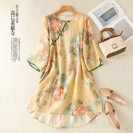 D5K夏装新款新中式斜襟盘扣五分袖连衣裙女苎麻印花中长款上衣