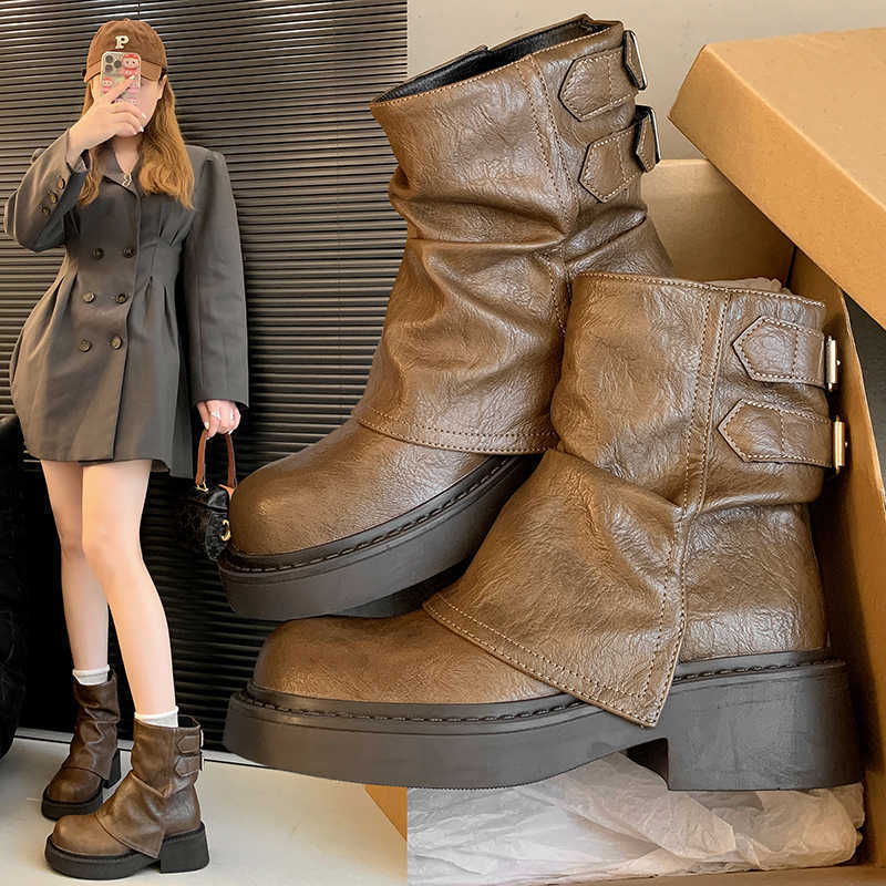 Popular Thick-Soled Early Autum Brown British Style Retro Pile Boots Maillard Boots Women's Short Boots 2024 New Style