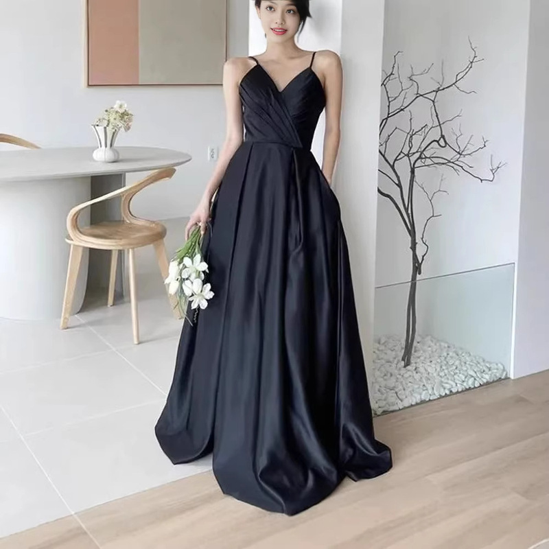 Cross-Border Aliexpress Black Spaghetti Strap Evening Dress Engagement Fashion Elegant Socialite Party Daily Dress Long Dress Wholesale Cross-Border Aliexpress Black Spaghetti Strap Evening Dress Engagement Fashion Elegant Socialite Party Daily Dress Long Dress Wholesale