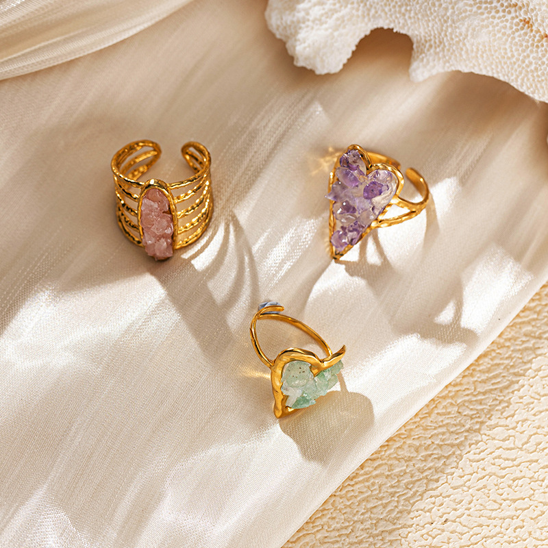 Anillo de acero inoxidable de 18k diseñado por mujeres de nicho, anillo de acero de titanio de piedra natural, joyería para mujeres