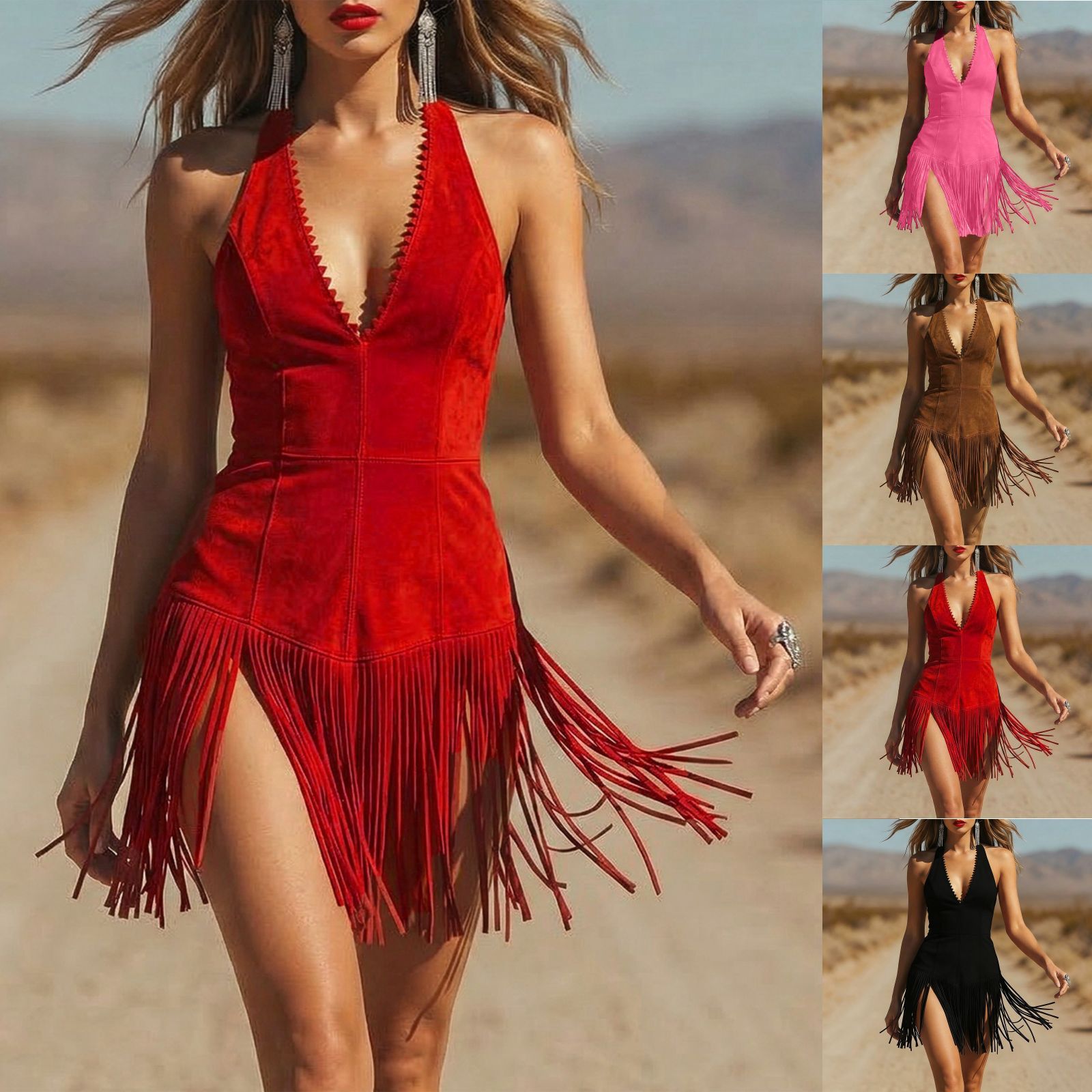 European and American Cross-Border 2026 New Style Sexy Backless Deep V-Neck Dress with Tassel Design, Fashionable and Elegant Dress