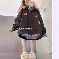 美式复古卡通刺绣棉质学院风连帽卫衣女秋季2025新款宽松百搭帽衫