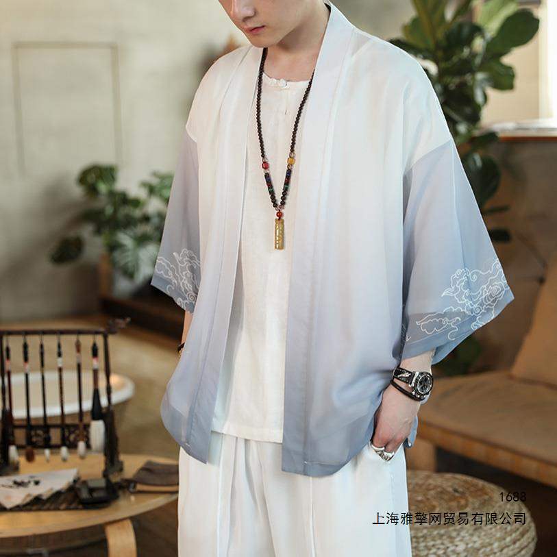 Summer Men's Windbreaker Thin Ice Silk Sun Protection Jacket Trendy Plus Size Chinese Style Men's Embroidered Cardigan Taoist Robe
