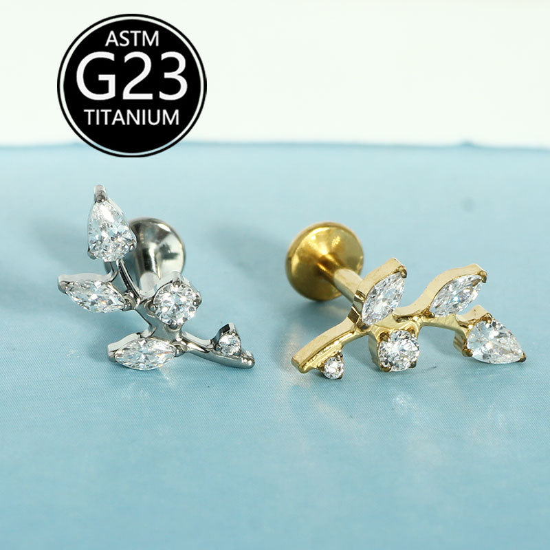 G23 Titanium Alloy Lip Piercing Jewelry with Diamond Leaf Drop-Shaped Zircon Labret Stud, Sold Individually detail image 7
