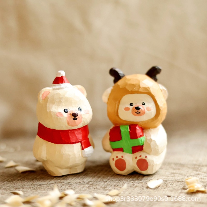 MuXiaoXiao handmade wooden carving Christmas bear Kapi cartoon desktop ornament, car pendant, street stall, tourism, cultural and creative product.
