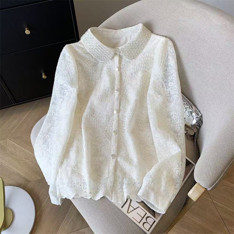 Real Shot of Beaded Lapel Lace Shirt for Spring, New Style with Elastic, Chanel-Inspired, Heavy-Duty Long-Sleeve Blouse, Base Shirt