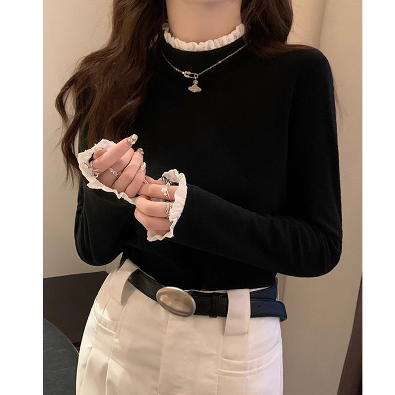 달콤한 소녀 순수한 욕망 스타일 긴팔 티셔츠 여성용 레이스 하프 하이 칼라베이스 셔츠 드 벨벳 기모 내복 옷