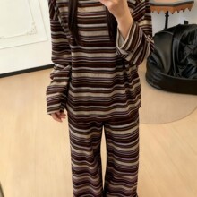 德绒条纹睡衣女秋冬圆领长袖新款宽松简约网红情侣韩版家居服套装