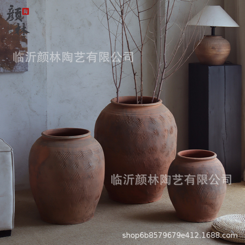 Gran vasija de cerámica de tierra gran vasija de estómago gran vasija de flores de viento tranquilo paisaje decoración residencial vasija de cerámica china estilo Zen retro