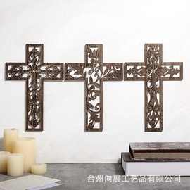 跨境热卖木质壁挂十字架带挂钩手工雕刻棕色十字架宗教家居装饰品