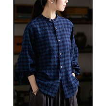 GJCP 肌理棉文艺百搭轻薄格子衬衫 复古蓝格泡泡袖宽松圆领上衣女