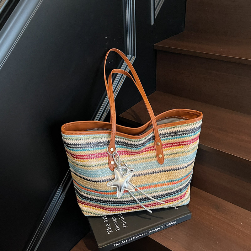 彩色编织包大容量上班通勤包大包205新款潮百搭单肩托特包