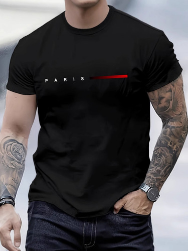 Men's Summer Pure Cotton Loose Paris Alphabet Print Casual Crew Neck Short Sleeve T-Shirt Top, Ship One Item for DZ