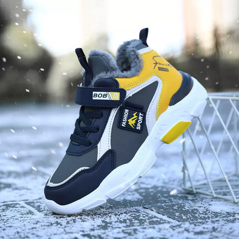 童鞋男童皮面跑步运动鞋2022冬季新款透气加棉保暖老爹鞋中大童男