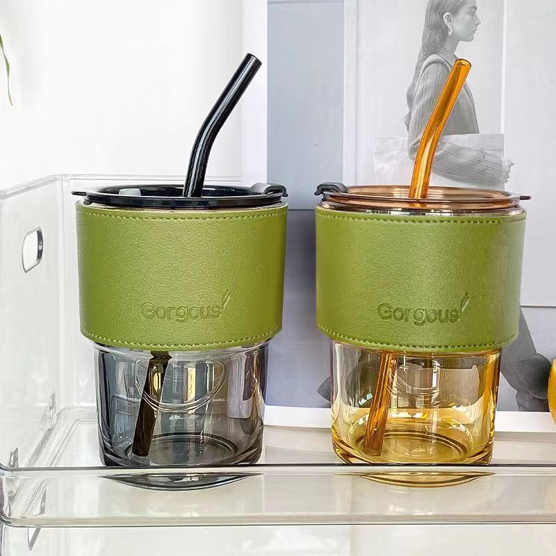 Wholesale New Coffee Cup for Influencers, High-End Aesthetic Bamboo Node Cup with Lid, 400ML Office Straw Glass Cup