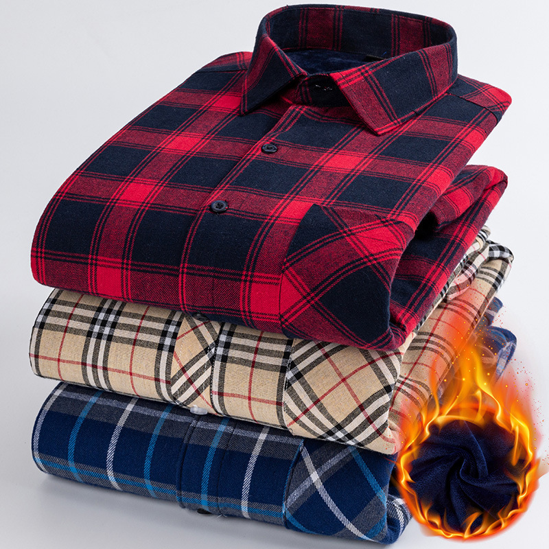 Winter fleece-lined thick thermal shirt cotton brushed plaid long sleeve full body fleece-lined dad casual shirt men