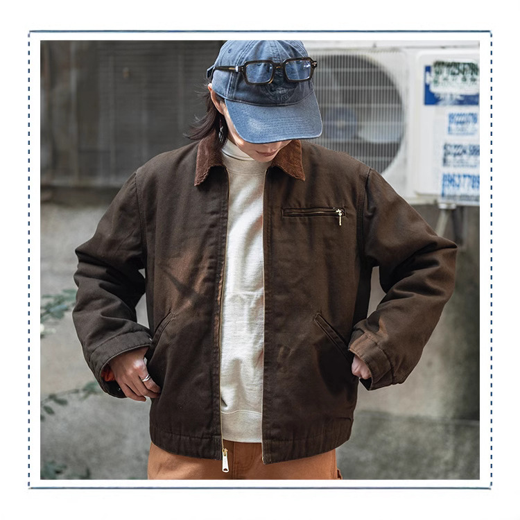 Retro Jacket Short Canvas Workwear Jacket Mens Casual Zipper