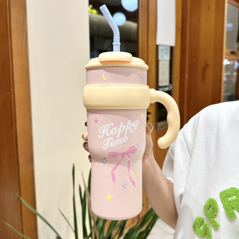 女の子向けの大容量オフィスハンドルアイスカップ、高見えするダブルストローカップ、屋外用保冷車用ウォーターカップ|undefined