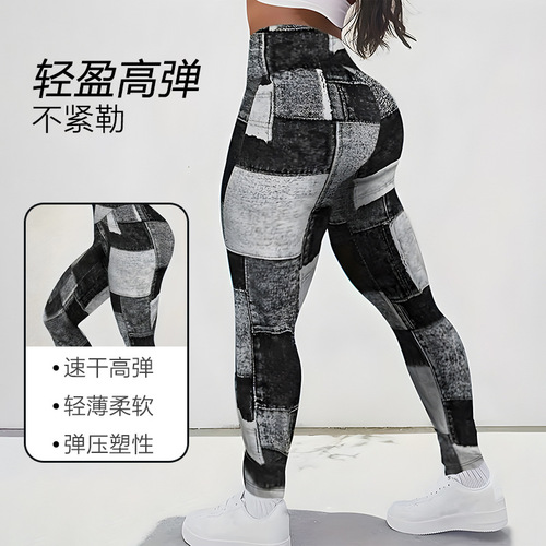 Amazon best-selling plaid patchwork printed yoga fitness pants high-waisted hip-lifting tight leggings cross-border
