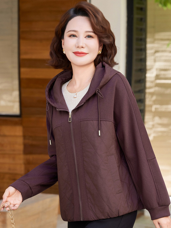时尚妈妈连帽外套女春秋2025新款休闲宽松大码洋气中老年纯色夹克|undefined