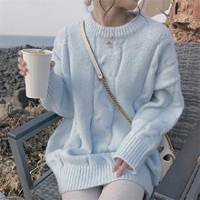 2023秋冬加厚麻花套头宽松慵懒风软奶蓝女外穿中长款毛衣拼接设计