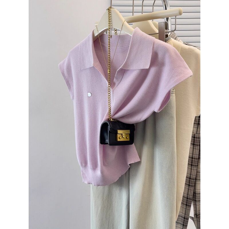 Purple Polo Collar Short-Sleeve T-Shirt for Women, New Summer Style, Ice Silk Knit, Slim-Fit, Versatile, Half-Open Collar Top Purple Polo Collar Short-Sleeve T-Shirt for Women, New Summer Style, Ice Silk Knit, Slim-Fit, Versatile, Half-Open Collar Top