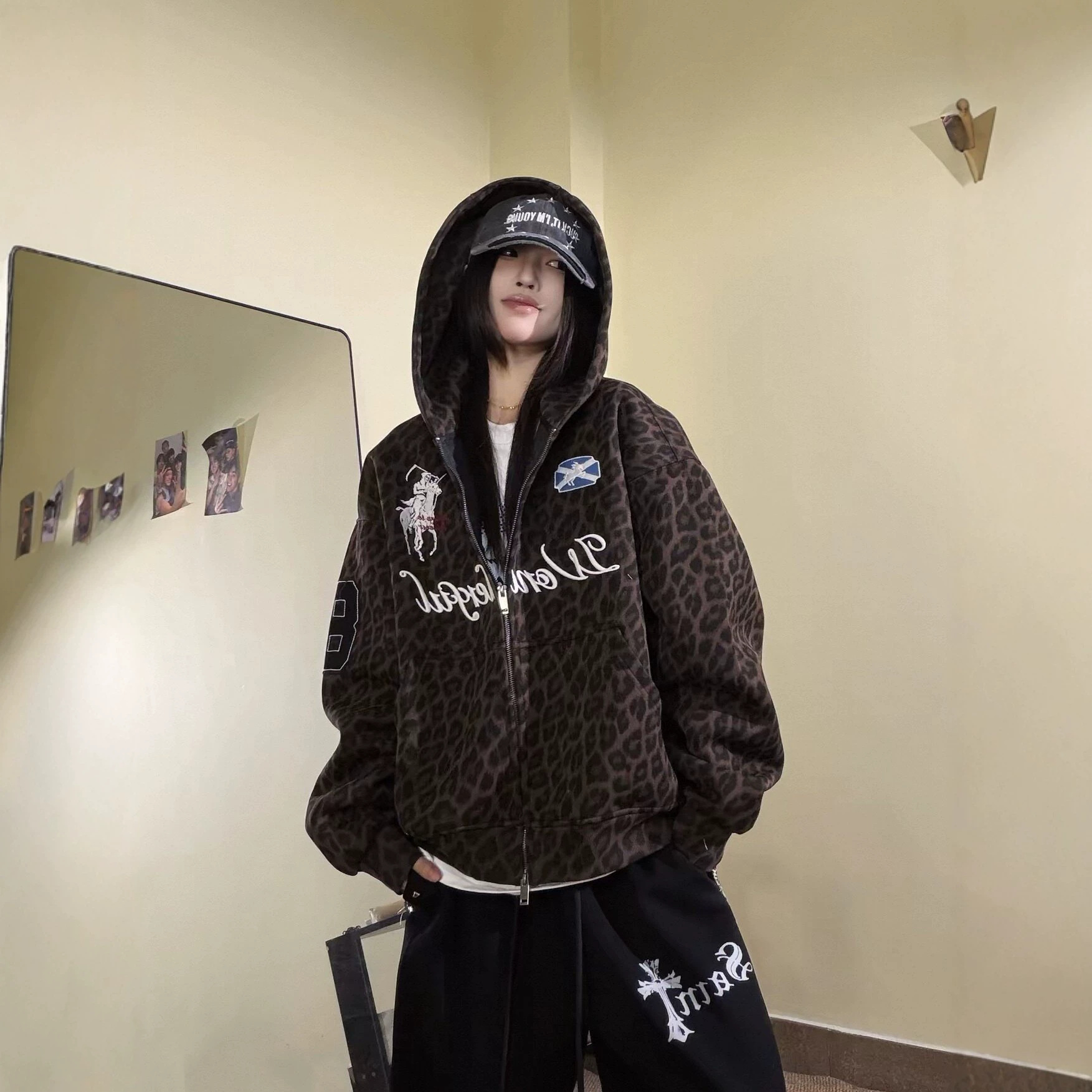 2026美式复古豹纹连帽拉链开衫刺绣外套女秋冬宽松街头风潮牌上衣