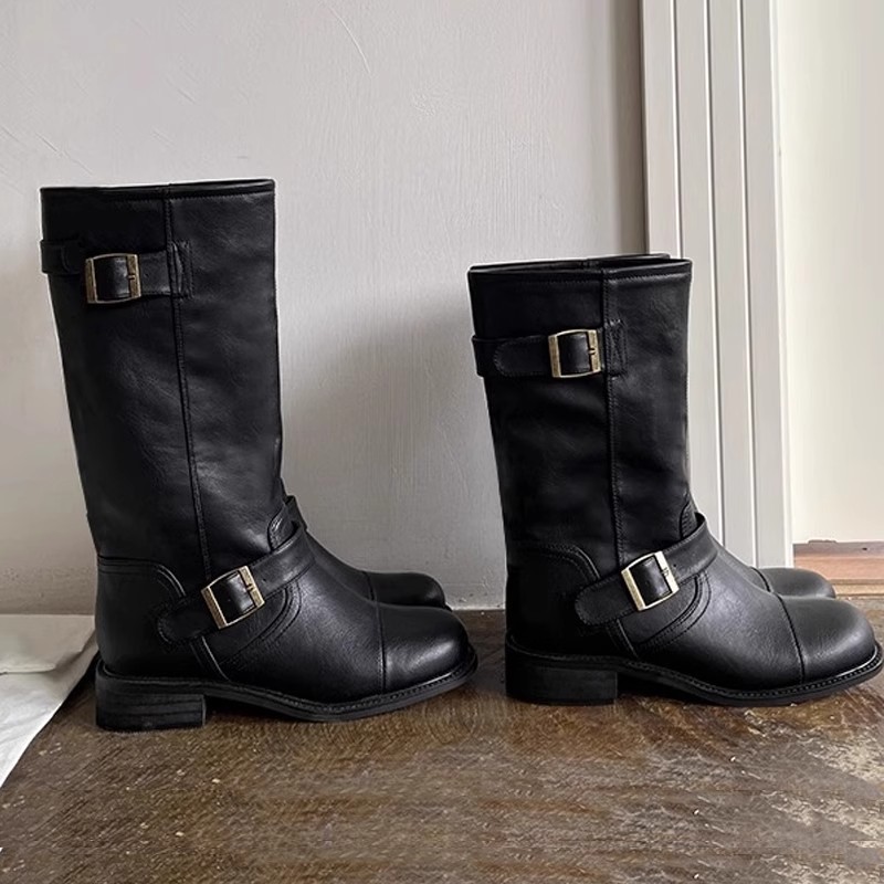 Howus Niche Belt Buckle Fever Same Style Thick Genuine Leather Wide Mid-Calf Long Motorcycle Boots for Women