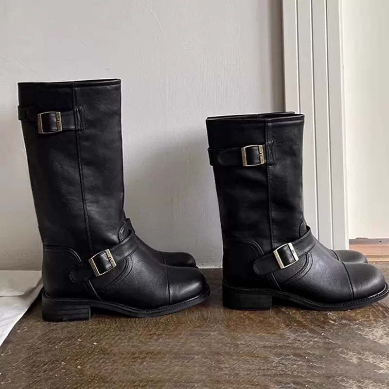 howus小众皮带扣fever同款内增加厚真皮宽中筒长筒骑士机车靴子女