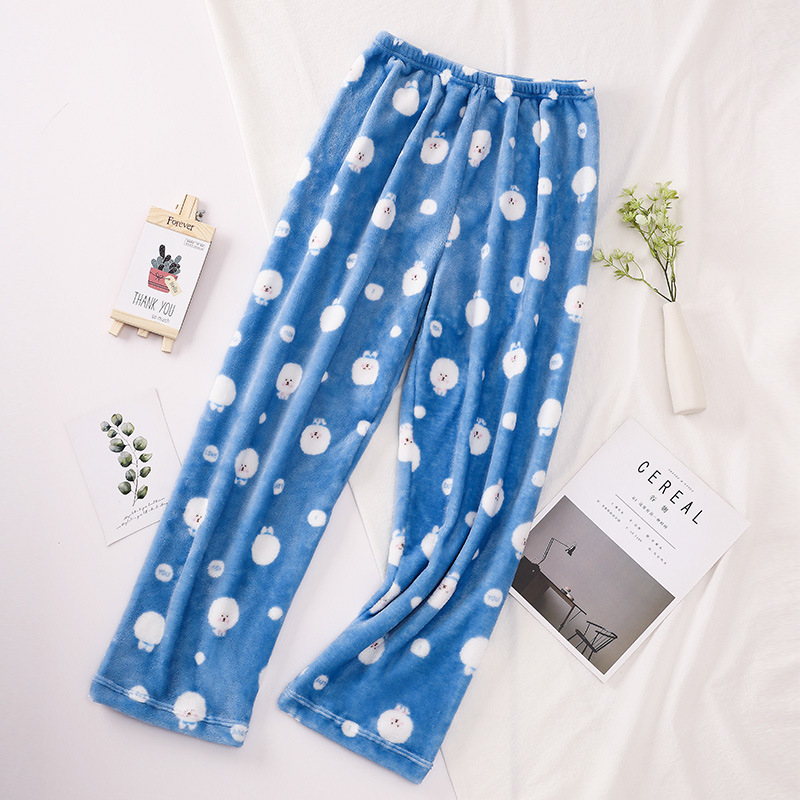 Pantalones de pijama para mujer de otoño e invierno, pantalones largos de franela, ropa de estar de forro polar coral, venta al por mayor de una sola pieza, ropa de casa cálida y dulce.