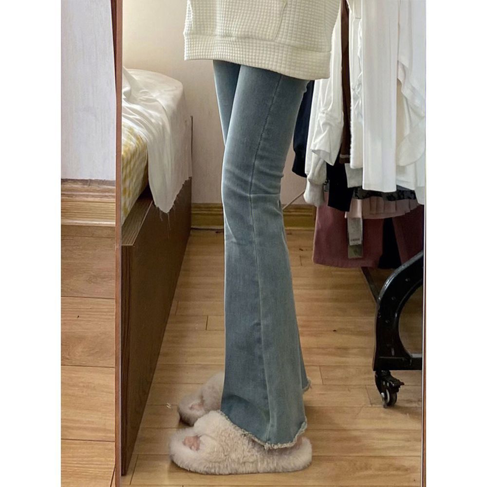 秋冬辣妹高腰修身微喇显毛边牛仔拖地裤女胖MM弹力喇叭裤YKK拉链