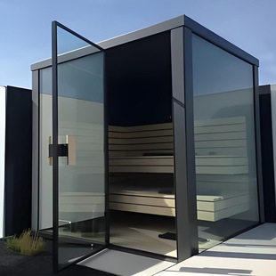 Modern 4-8 People Square Wooden Traditional Outdoor Dry Steam Sauna with Panoramic Glass Modified Shower and 12K